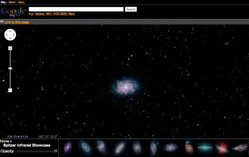 Google.com/sky cho phép bạn khám phá những giới xa xôi của vũ trụ sử dụng hình ảnh từ vệ tinh của NASA , Khảo sát bầu trời kỹ thuật số Sloan , và kính viễn vọng Hubble .
